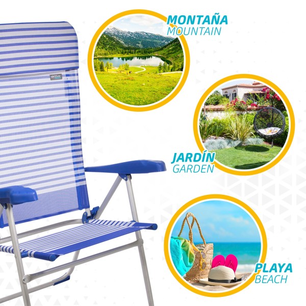 Pack poupança 2 cadeiras altas praia azuis e brancas 47x61x118 cm | Distria