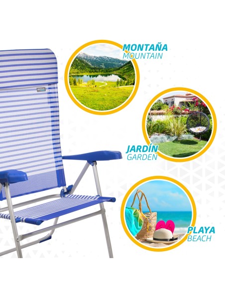 Pack poupança 2 cadeiras altas praia azuis e brancas 47x61x118 cm | Distria