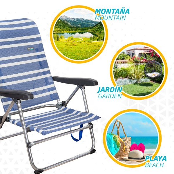 Pack poupança de 2 cadeiras de praia azuis e brancas 47x50x85 cm | Distrito