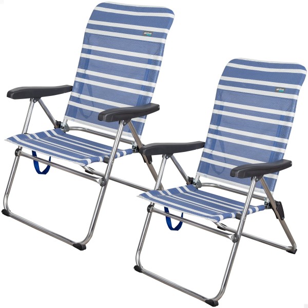 Pack poupança de 2 cadeiras de praia azuis e brancas 47x63x93 cm | Distrito