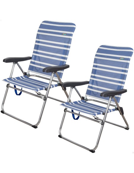 Pack poupança de 2 cadeiras de praia azuis e brancas 47x63x93 cm | Distrito