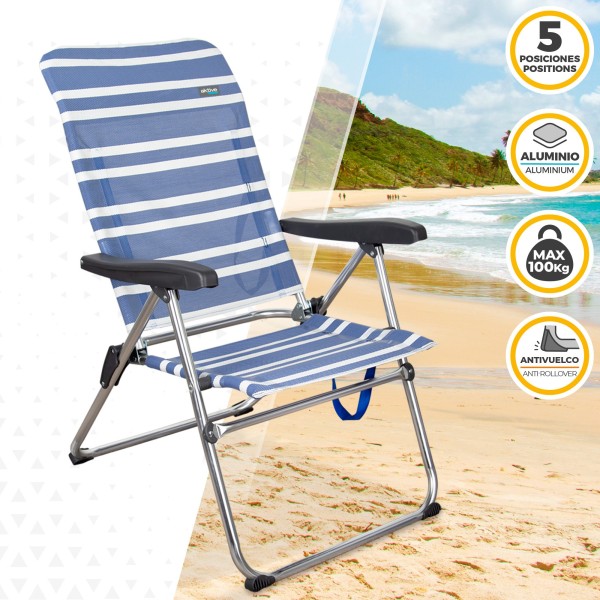 Pack poupança de 2 cadeiras de praia azuis e brancas 47x63x93 cm | Distrito