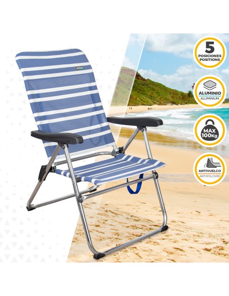 Pack poupança de 2 cadeiras de praia azuis e brancas 47x63x93 cm | Distrito