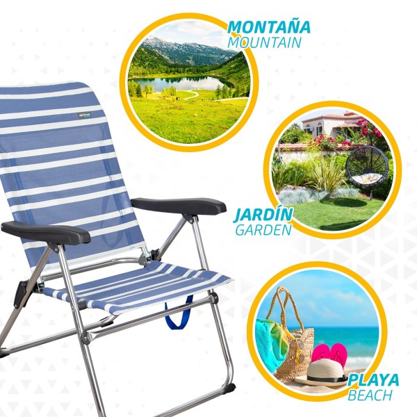 Pack poupança de 2 cadeiras de praia azuis e brancas 47x63x93 cm | Distrito