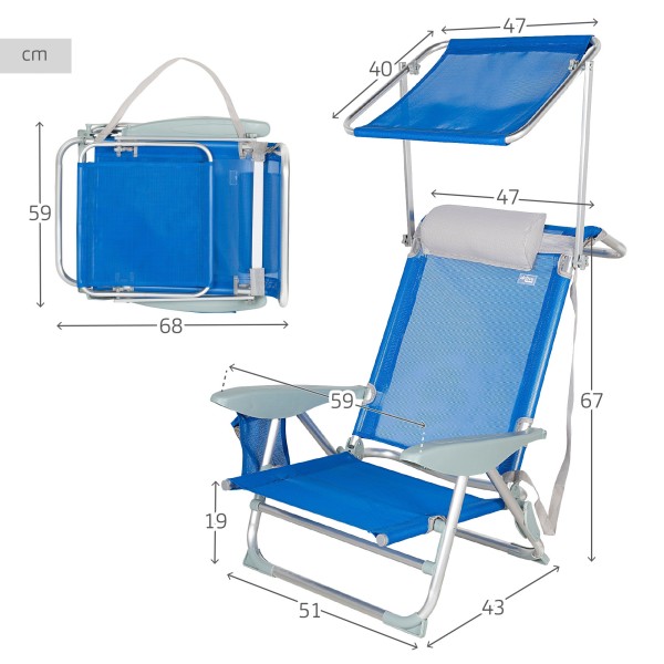Cadeira de praia com sombrinha azul e cinza | Distria