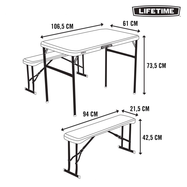 Conjunto piquenique dobrável Lifetime mesa e 2 bancos | Distria