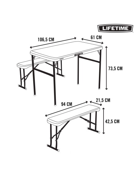 Conjunto piquenique dobrável Lifetime mesa e 2 bancos | Distria
