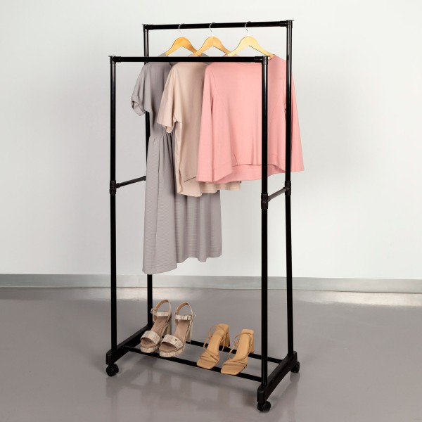 Carrinho de roupa duplo com sapateira e rodas 75x40x157 cm | Distria