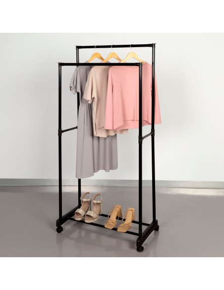 Carrinho de roupa duplo com sapateira e rodas 75x40x157 cm | Distria