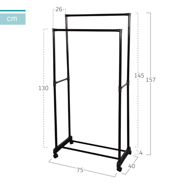 Carrinho de roupa duplo com sapateira e rodas 75x40x157 cm | Distria