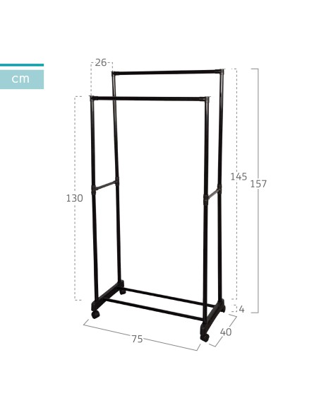 Carrinho de roupa duplo com sapateira e rodas 75x40x157 cm | Distria
