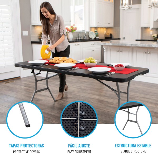 Mesa dobrável retangular 183x76 cm preta reforçada e segura | Distria