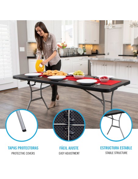 Mesa dobrável retangular 183x76 cm preta reforçada e segura | Distria