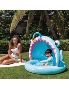 Piscina infantil inflável de peixes com guarda-sol e piso acolchoado | Distria 2