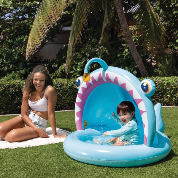 Piscina infantil inflável de peixes com guarda-sol e piso acolchoado | Distria