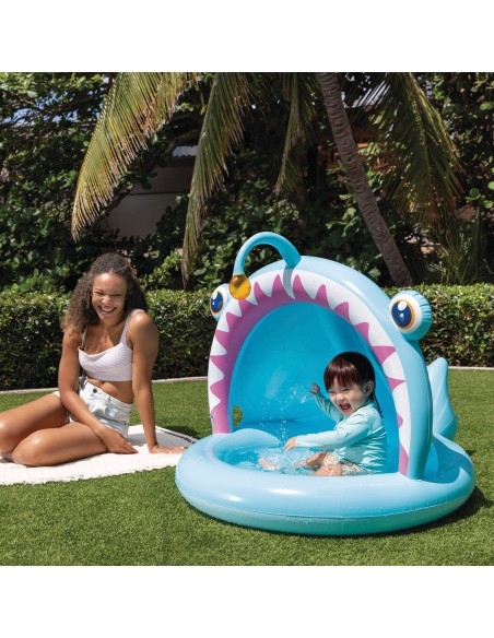 Piscina infantil inflável de peixes com guarda-sol e piso acolchoado | Distria