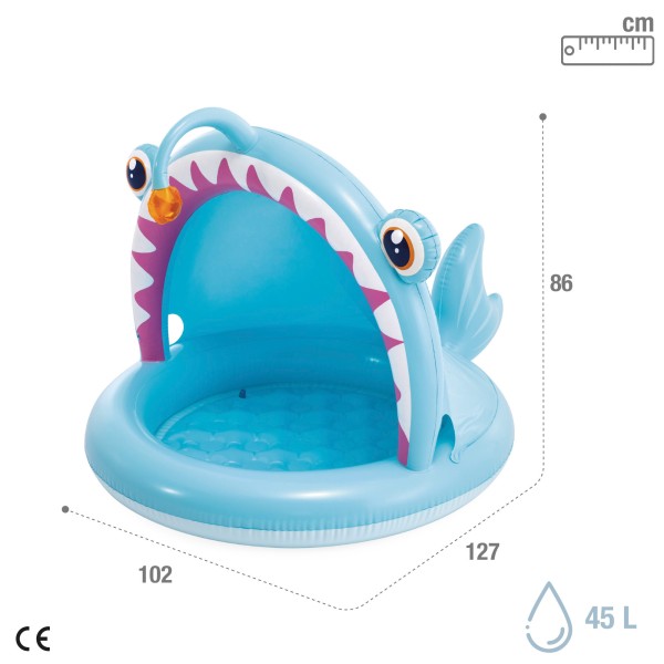 Piscina infantil inflável de peixes com guarda-sol e piso acolchoado | Distria