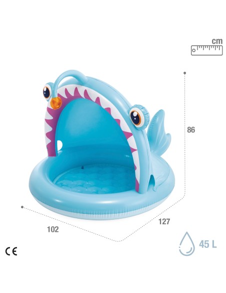 Piscina infantil inflável de peixes com guarda-sol e piso acolchoado | Distria