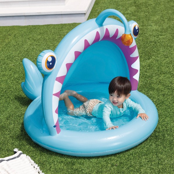 Piscina infantil inflável de peixes com guarda-sol e piso acolchoado | Distria