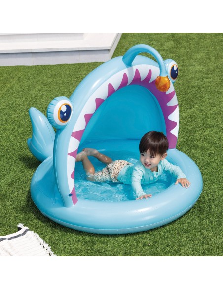 Piscina infantil inflável de peixes com guarda-sol e piso acolchoado | Distria