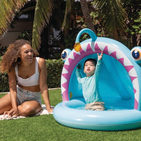 Piscina infantil inflável de peixes com guarda-sol e piso acolchoado | Distria