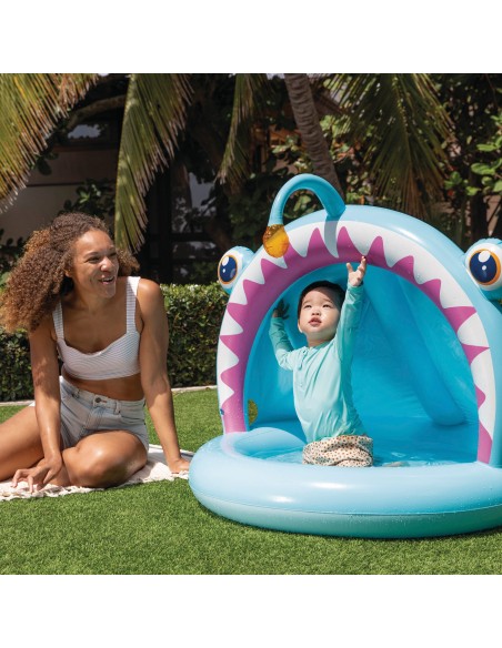 Piscina infantil inflável de peixes com guarda-sol e piso acolchoado | Distria