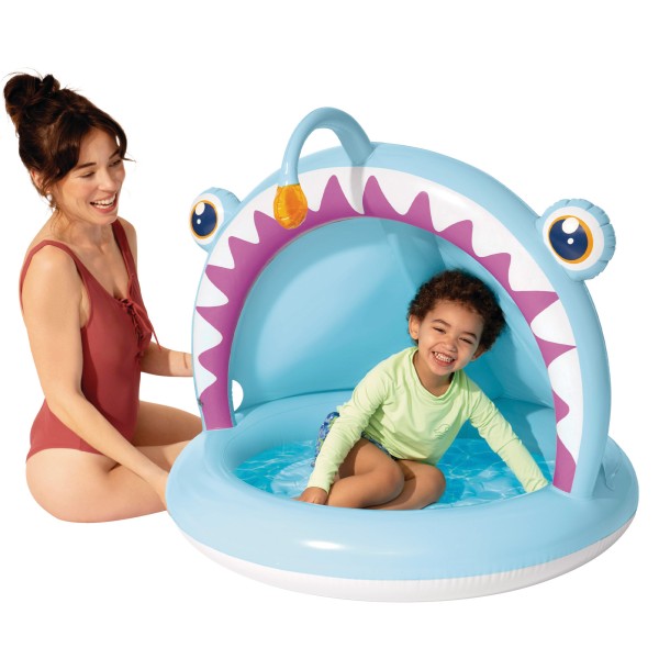 Piscina infantil inflável de peixes com guarda-sol e piso acolchoado | Distria