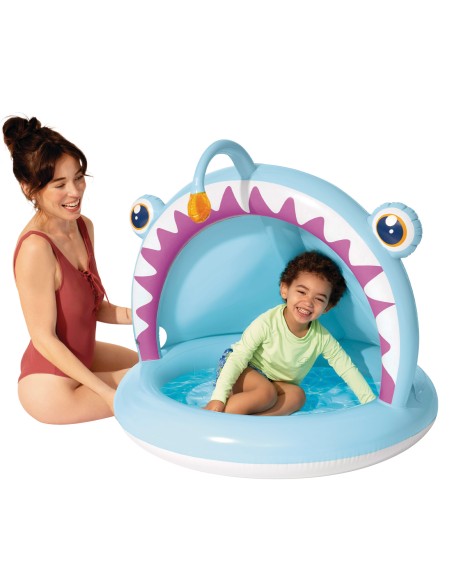 Piscina infantil inflável de peixes com guarda-sol e piso acolchoado | Distria