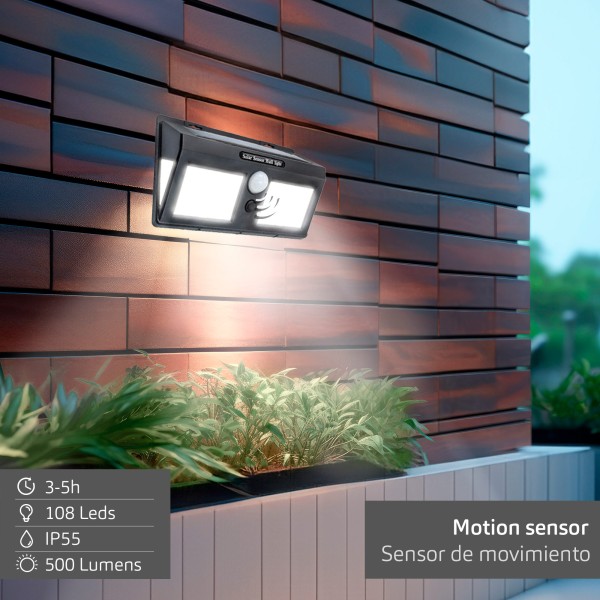 Luminária de parede solar LED de 500 lúmens com sensor de movimento | Distria