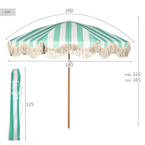 Aktive Guarda-sol de praia de 8 nervuras, 200 cm, listras esmeralda com franjas