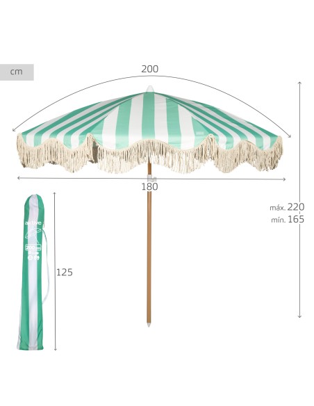 Aktive Guarda-sol de praia de 8 nervuras, 200 cm, listras esmeralda com franjas