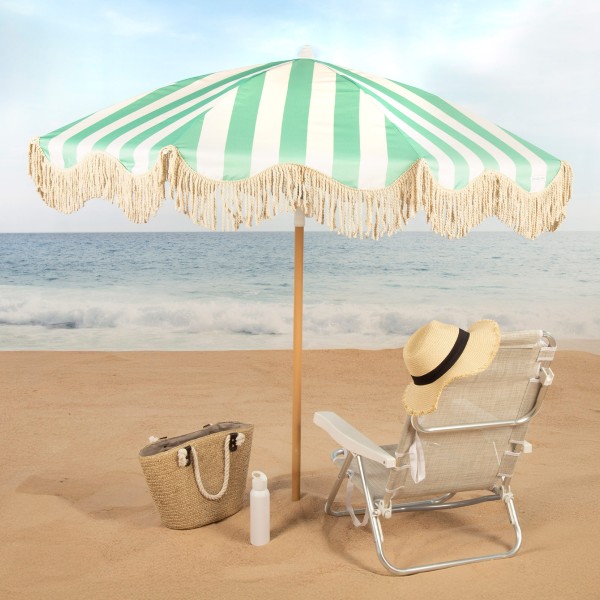 Aktive Guarda-sol de praia de 8 nervuras, 200 cm, listras esmeralda com franjas