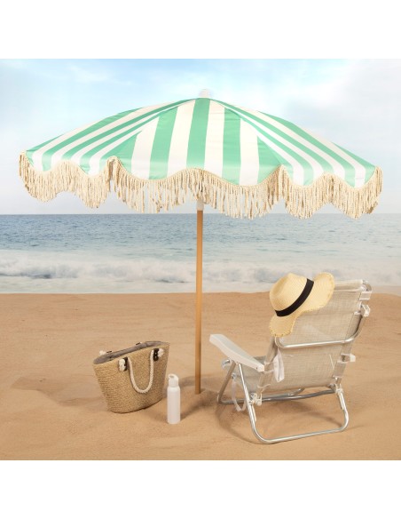 Aktive Guarda-sol de praia de 8 nervuras, 200 cm, listras esmeralda com franjas