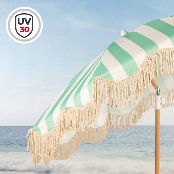Aktive Guarda-sol de praia de 8 nervuras, 200 cm, listras esmeralda com franjas