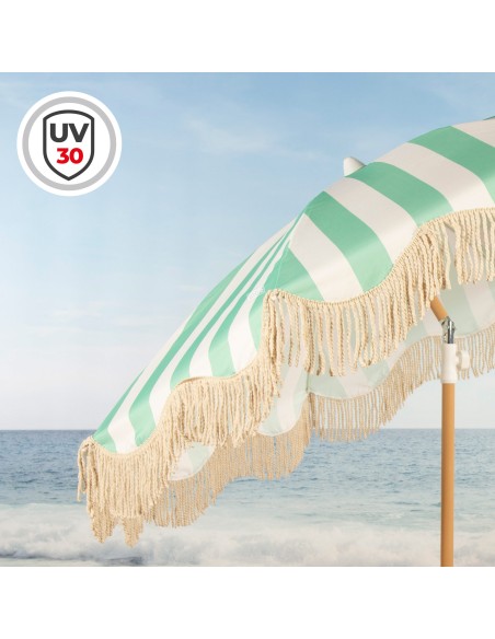 Aktive Guarda-sol de praia de 8 nervuras, 200 cm, listras esmeralda com franjas