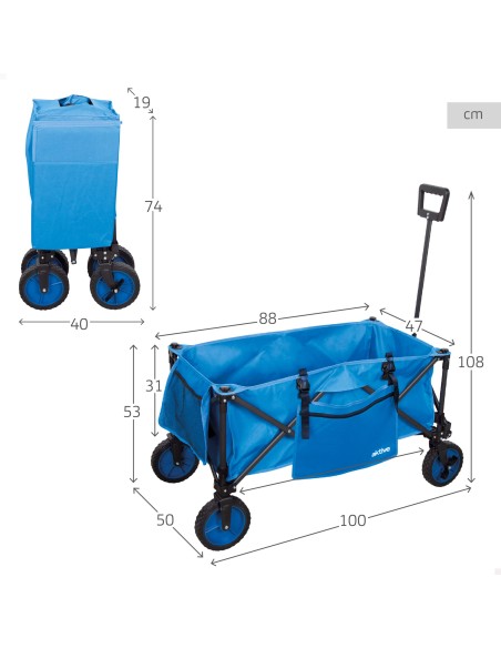 Carrinho de praia azul com rodas todo terreno 360º | Distria