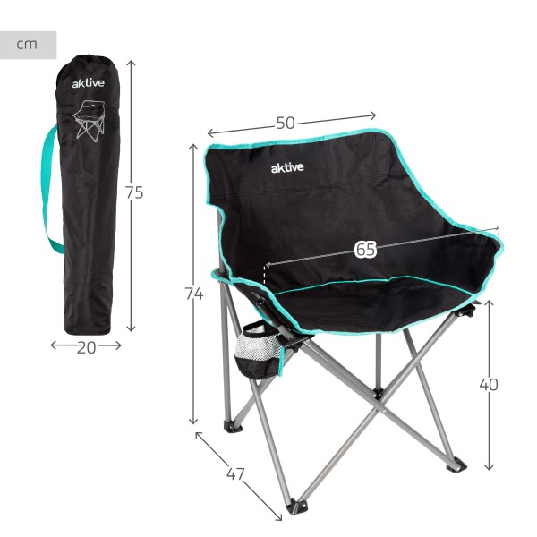 Aktive Cadeira de acampamento dobrável preta com porta-copos | Distria