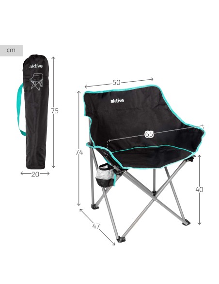 Aktive Cadeira de acampamento dobrável preta com porta-copos | Distria