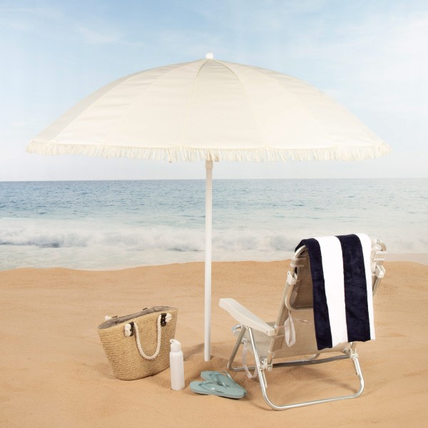Aktive Guarda-sol de praia de 16 nervuras, 200 cm, bege com franjas