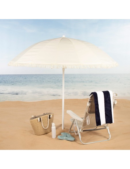 Aktive Guarda-sol de praia de 16 nervuras, 200 cm, bege com franjas