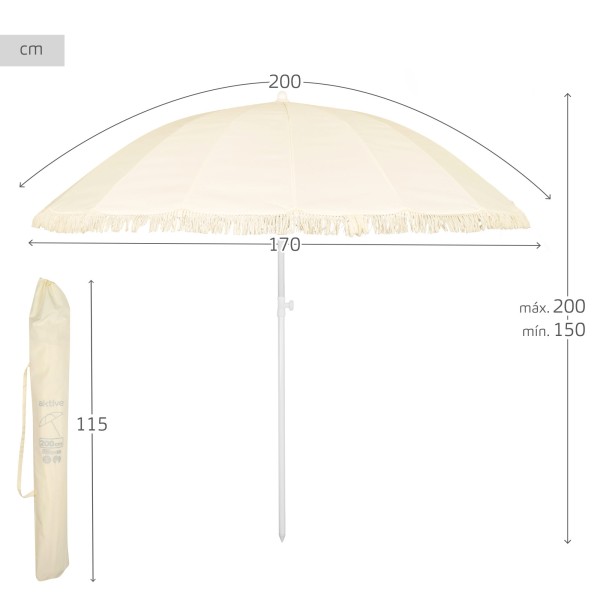 Aktive Guarda-sol de praia de 16 nervuras, 200 cm, bege com franjas