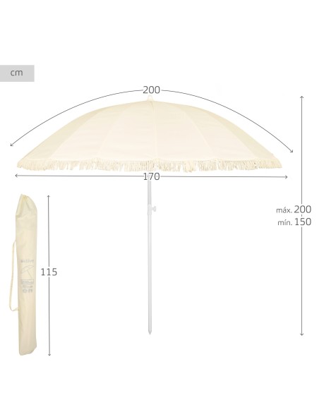 Aktive Guarda-sol de praia de 16 nervuras, 200 cm, bege com franjas