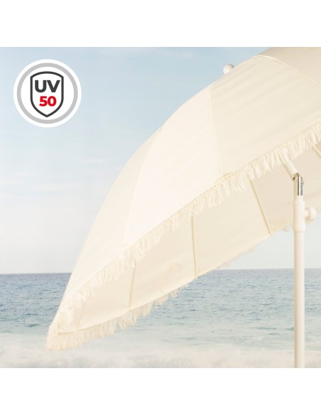 Aktive Guarda-sol de praia de 16 nervuras, 200 cm, bege com franjas