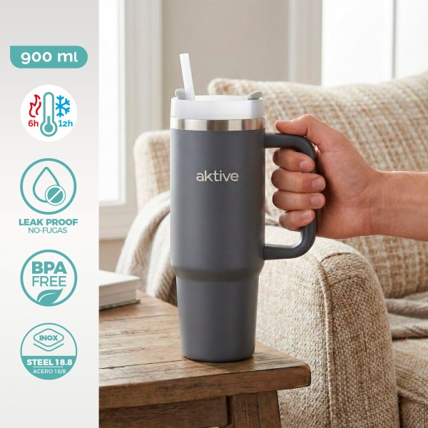 Garrafa térmica cinzenta de 900 ml em aço inox com pega | Distria