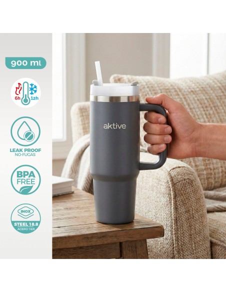 Garrafa térmica cinzenta de 900 ml em aço inox com pega | Distria