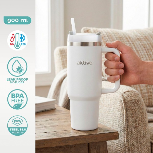 Garrafa térmica branca de 900 ml em aço inoxidável com pega | Distria