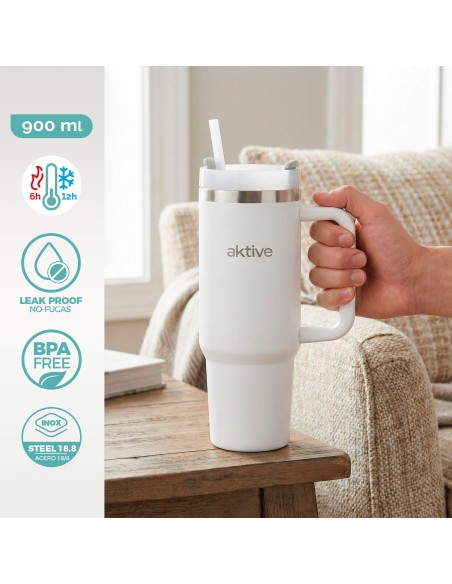 Garrafa térmica branca de 900 ml em aço inoxidável com pega | Distria