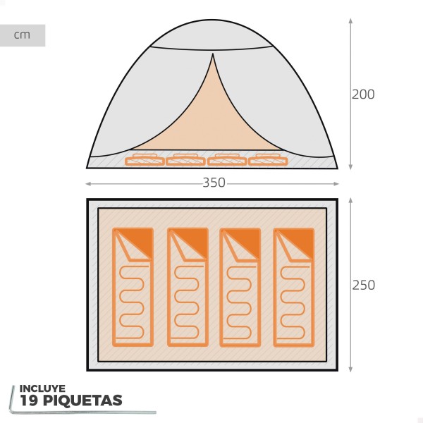 Tenda cinza e azul para 4 pessoas, 250x350x200 cm | Distria