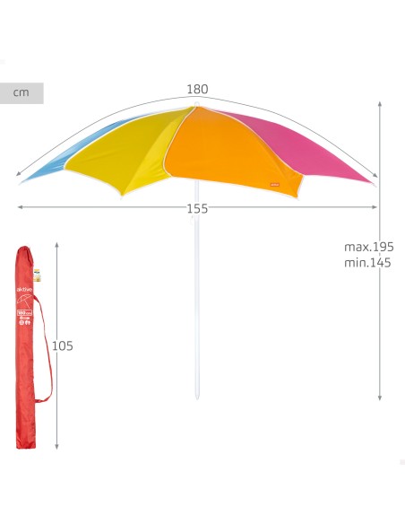 Guarda-sol praia multicolorido inclinável 180 cm UV50 Aktive | Distria