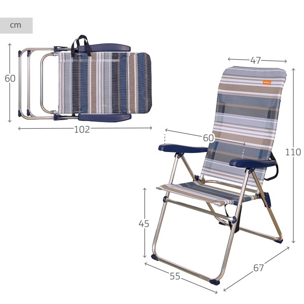 Pack poupança de 2 cadeiras de praia azuis e brancas 47x66x108 cm | Distrito